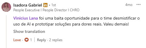 Depoimento de Isadora Gabriel sobre treinamento de IA com Vinicius Lana